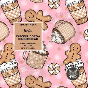 Klassiek traditioneel naadloos peperkoekbestand, ruitjes roze kerst cacao naadloos patroon, kerstkoekje naadloos retro winter digitaal papier