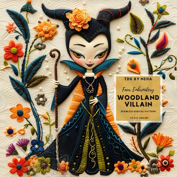 3D Cute Villain Princess Faux Embroidery Seamless Digital Paper for Fabric Printing,3D Fairytale Princess Seamless Repeat Sublimation Design