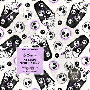 Peut inclure: Un motif numérique sans couture représentant des tasses noires avec des crânes blancs, de la crème fouettée blanche et des pailles rayées violettes sur fond blanc. Un carré violet affiche le texte TDK BY NEHA Halloween CREAMY SKULL DRINK SEAMLESS DIGITAL PATTERN 30,48 cm X 30,48 cm 300 DPI.