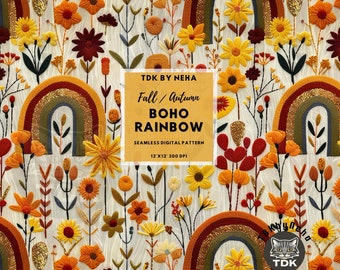 Fall Boho Floral Rainbow seamless pattern Contemporary Digital Paper for Fabric Cottagecore Autumn Wildflower Seamless Sublimation Wallpaper