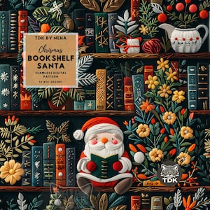 Boho Bookish Santa modello senza soluzione di continuità Lettura Contemporaneo Carta digitale Natale Biblioteca Libreria Sublimazione Floreale file di stampa per amanti dei libri