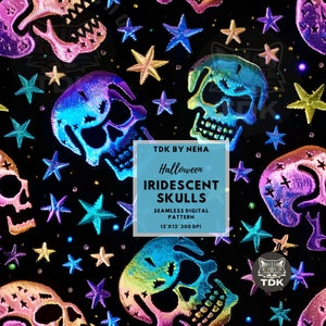 Halloween Iridescent Skulls Seamless Digital Paper for Fabric Printing, Spooky Holographic Skull Glitter Seamless Repeat Sublimation Design