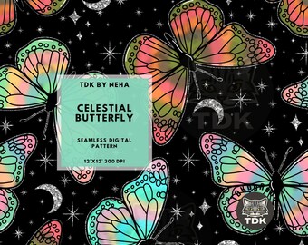 Celestial Butterflies Seamless Pattern Digital Paper for Fabric Print, Glitter Neon Butterfly Star Moon Seamless Repeat Sublimation Design