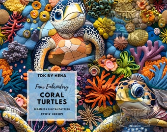 Ocean Coral Turtle Seamless Faux Embroidery Digital Paper for Fabric Printing, 3D Summer Animal Sea Beach Seamless Repeat Sublimation Design