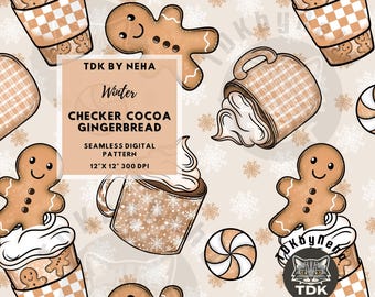 May include: A repeating digital pattern with winter motifs. It features gingerbread men, cocoa mugs, and coffee cups with cream, in brown and white. The text reads "CHECKER COCOA GINGERBREAD". The pattern is 30.48 cm x 30.48 cm.