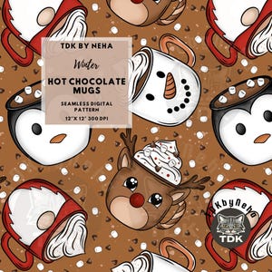 Winter warme chocolademelk mokken naadloos digitaal papier voor stoffenprint neutraal kerstkabouter sneeuwpop pinguïn rendier naadloos sublimatiebestand
