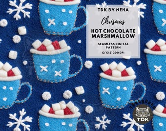 Papel digital sin costuras para bordar chocolate caliente navideño para impresión en tela, papel tapiz de sublimación sin costuras de malvavisco de cacao azul para envolver regalos