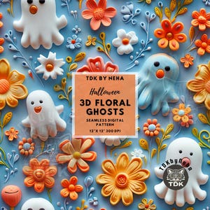 Floral 3D Ghost Halloween Seamless Pattern for Fabric Print, Colorful Ghost Seamless Digital Paper Repeat Sublimation Design Wallpaper Wrap