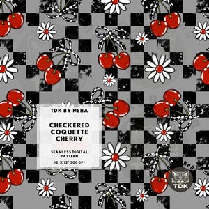 Checkered Coquette Bow Cherry Seamless Pattern, Daisy Floral Seamless Sublimation Digital Paper for Fabric Print Fruity Wallpaper Background