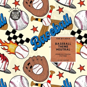 Puede incluir: Un patrón digital sin costuras con temática de béisbol y una paleta de colores neutros. El patrón incluye pelotas de béisbol, bates, guantes, estrellas y una bandera a cuadros con llamas. El texto "Baseball" está escrito en azul con un contorno blanco. El texto "TDK by Neha" también está incluido en el patrón.