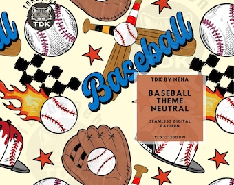 Papel digital sin costuras de béisbol neutro para impresión en tela, diseño de sublimación con repetición de patrón sin costuras de deporte de verano de béisbol para niño