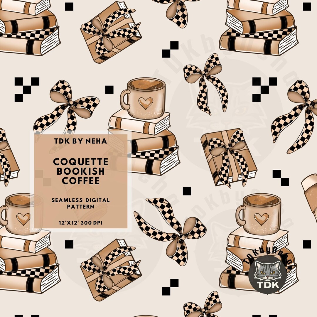 Checkered Coquette Bow Book Coffee Seamless Pattern Digital Paper for ...