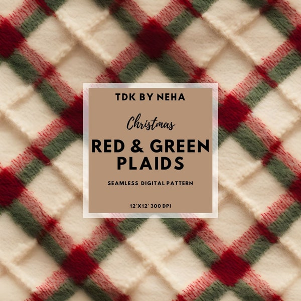 Christmas Red and Green Plaid Seamless, Classic Fluffy Plaid Fabric Faux Fur Texture, Cozy Winter Seamless Pattern,Earthy Tartan Check Paper