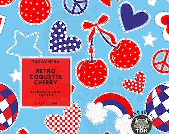 Retro Coquette Cherry 4th of July Seamless Digital Paper for Fabric Print, USA Patriotic Red White Blue Seamless Repeat Sublimation Design