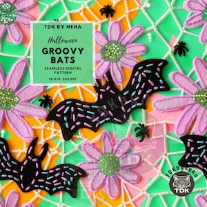 Groovy Halloween Daisy Bats Seamless Digital Paper Fabric Print, Retro Spooky Seamless Pattern Repeat Sublimation Design Wallpaper Scrapbook