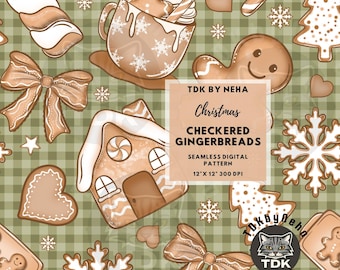 May include: A seamless digital pattern with Christmas gingerbread designs on a green checked background. The pattern includes gingerbread men, houses, snowflakes, bows, and candy canes. The text reads "Christmas CHECKERED GINGERBREADS" and "12" X 12" 300 DPI".