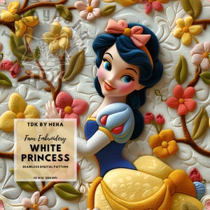 Snowy Princess Faux Embroidery Seamless Digital Paper for Fabric Print, Floral White Princess 3D Seamless Pattern Repeat Sublimation Design