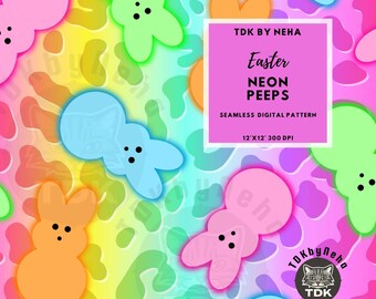 Spotted Neon Easter Peeps Bunny Seamless File, Preppy Easter Seamless Pattern for Fabric Print, Cute Girly Easter Digital Paper Wallpaper