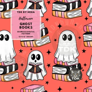 Spooky Books Ghost Seamless Pattern Reading Contemporary Digital Paper Halloween Library Bookish Ghouls Sublimation Girly book lover file