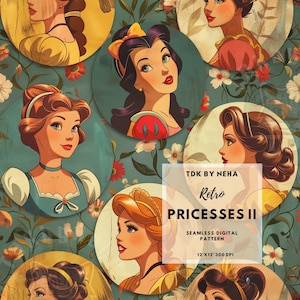 80er Jahre Retro Prinzessin Nahtloser Digitaler Papier-Stoffdruck, Magische Prinzessin Nahtlose Muster-Wiederholung Sublimation Design Scrapbook Journal Wrap