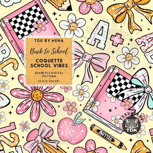 School Seamless Pattern for Fabric Sublimation Girly Coquette Bow Preppy Books Color Pencil Seamless Digital Paper Repeat Design Wallpaper