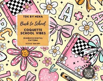 Patrón escolar sin costuras para sublimación de tela, lazo de coqueta femenina, libros preppy, lápiz de color, papel digital sin costuras, diseño repetido, papel tapiz