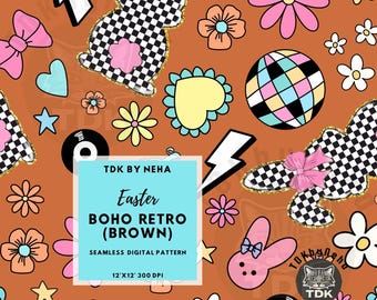 Retro Easter Coquette Bow Bunny Seamless File, Cute Colorful Easter Seamless Pattern for Print, Preppy Boho Easter Digital Paper Wallpaper