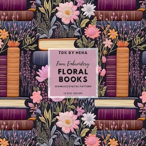 Motivo floreale per libreria senza soluzione di continuità, ricamo finto di libri senza soluzione di continuità, carta digitale per uso commerciale, regalo per amanti dei libri floreali POD con sublimazione di lettura