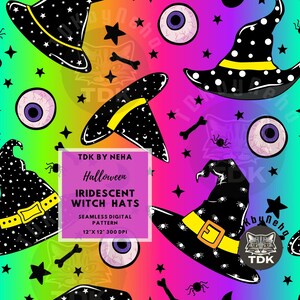 Halloween irisierende Hexenhüte Nahtloser Digitaler Papier-Stoffdruck, niedlicher gruseliger holographischer Hut-Glitter Nahtlose Wiederholung Sublimationsdesign
