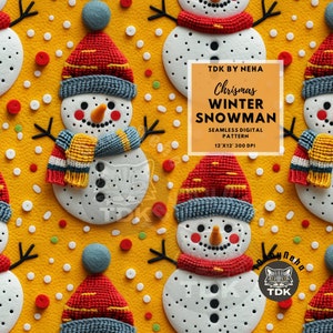 Bright Christmas Snowman Embroidery Seamless Digital Paper for Fabric Print, 3D Winter Xmas seamless Sublimation File Wallpaper Gift Wrap