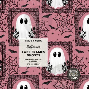 Puede incluir: Patrón digital sin costuras con fantasmas blancos en marcos de encaje ornamentados, murciélagos y telarañas sobre un fondo rosa. El texto dice "Halloween, Lace Frames Ghosts, Patrón digital sin costuras, 30.5cm x 30.5cm 300 DPI".