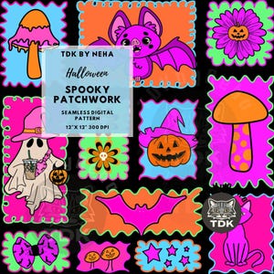 Neon Halloween lapptäcke sömlöst digitalt papper för tygtryck, flicka kusligt spöke stämpel collage sömlöst mönster upprepa sublimeringsdesign