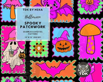 Neon Halloween patchwork naadloos digitaal papier voor stoffenprint, meisje spooky spookstempel collage naadloos patroon herhalen sublimatieontwerp