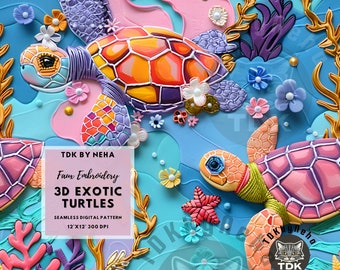 Ocean Neon Turtle Seamless Faux Embroidery Digital Paper for Fabric Printing, 3D Summer Sea Animal Beach Seamless Repeat Sublimation Design