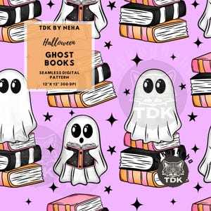 Books Ghost Seamless Pattern Reading Contemporary Digital Paper Pink Halloween Library Bookish Ghouls for Fabric Sublimation book lover file