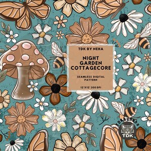 Pode incluir: Padrão digital sem costura com borboletas, abelhas, cogumelos e flores em tons de castanho, creme e branco sobre um fundo turquesa. O texto diz "Night Garden Cottagecore" e "12'x12' 300 DPI".