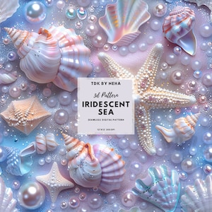 Summer Iridescent Sea 3D Seamless Digital Paper for Fabric Printing, Unicorn Seashell Pearl Beach Glitter Seamless Repeat Sublimation Design