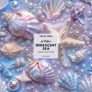 Könnte beinhalten: Ein nahtloses digitales Muster mit einem 3D-Design aus irisierenden Muscheln, Perlen und Seesternen auf hellblauem Hintergrund. Der Text "TDK BY NEHA 3d Pattern IRIDESCENT SEA SEAMLESS DIGITAL PATTERN 12 X12 300 DPI" wird in einem weißen Kasten angezeigt.