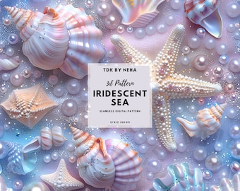Summer Iridescent Sea 3D Seamless Digital Paper for Fabric Printing, Unicorn Seashell Pearl Beach Glitter Seamless Repeat Sublimation Design