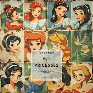Retro Princess Seamless Digital Paper for Fabric Print, Fairytale Princess Seamless Pattern Repeat Sublimation Design Scrapbook Journal Wrap