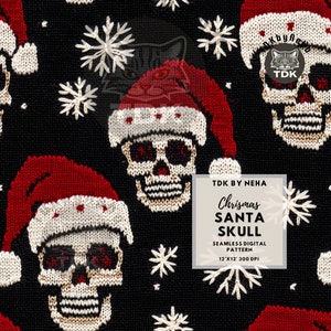 May include: A seamless digital pattern featuring a black background with white snowflakes, red and white Santa hats, and white skulls with red eyes. The text "TDK BY NEHA Christmas SANTA SKULL Seamless Digital Pattern 12'X12' 300 DPI" is in the lower right corner of the image.