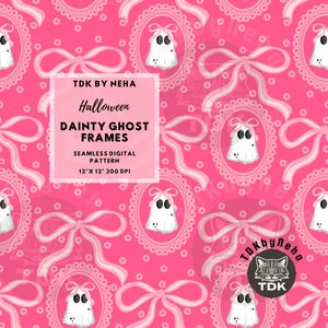 Dainty Pink Coquette Bow Ghost Frame Seamless Pattern Digital Paper Fabric Print Design, Halloween Girly Ghouls Seamless Repeat Sublimation