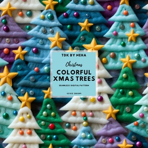 Puede incluir: Un patrón digital sin costuras con coloridos árboles de Navidad en varios tonos de azul, verde, morado y blanco. Cada árbol está adornado con estrellas y adornos coloridos. El texto de la imagen dice "Christmas Colorful Xmas Trees".
