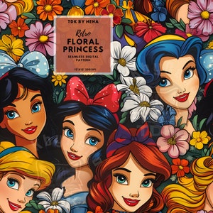 80er Jahre Retro Blumen Prinzessin Nahtloser Digitaler Papier Stoffdruck, Magische Prinzessin Nahtlose Muster Wiederholung Sublimation Design Scrapbook Journal