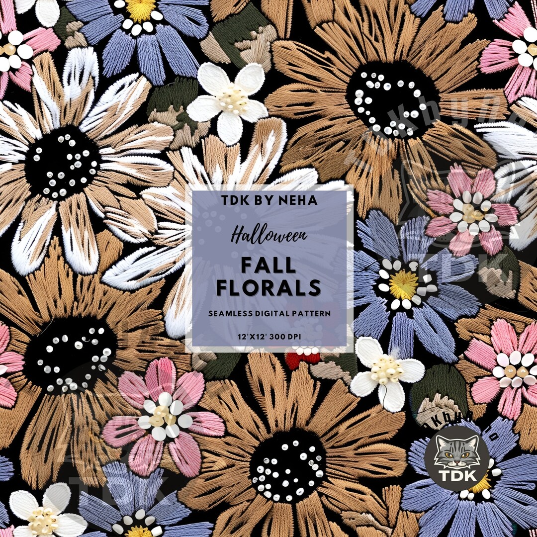 Fall Boho Daisy Faux Embroidery Seamless Digital Paper Fabric Print ...