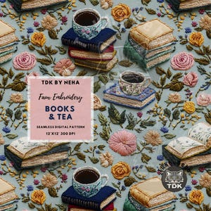3D Floral Tea and Books Seamless Pattern, Romance Book Faux Embroidery Seamless digital paper Reading Sublimation POD floral book lover gift