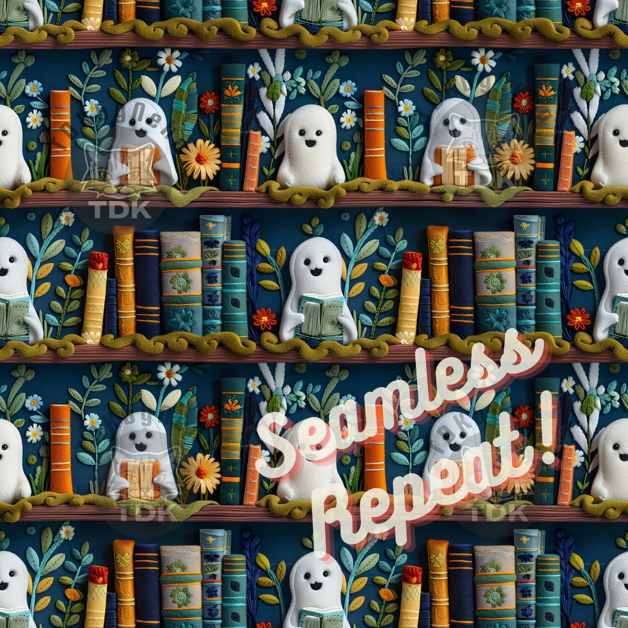 Floral Bookshelf Ghoul Reading Seamless Pattern, Book Faux Embroidery ...