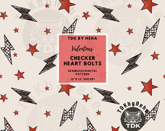 Boy Valentines Day Bolts Seamless Pattern, Vday Checkered and Heart Lighting Seamless Fabric Print, Rad Valentines Digital Paper Sublimation