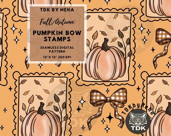 Papel digital con estampado de calabaza bohemio de otoño sin costuras para impresión en tela, diseño de sublimación con marco de lazo a cuadros otoñales y repetición sin costuras.