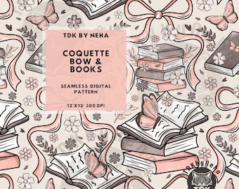 Boho Coquette Bow Books Seamless Pattern Digital Paper for Fabric Printing, Girl Romantic Bookish Floral Repeat Sublimation Design Wallpaper